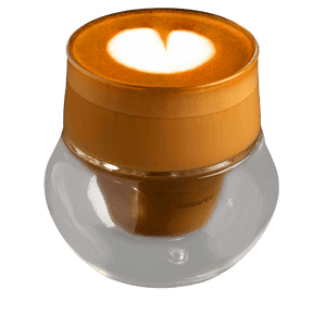 Piccolo coffee with heart-shaped latte art served in a double wall glass at Davin Cafe