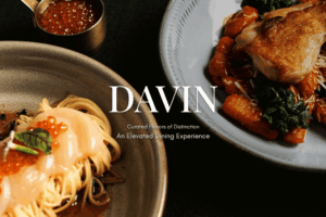 Fine dining at DAVIN – featuring truffle cold pasta with scallop and gnocchi rose sauce with grilled chicken in an elegant setting