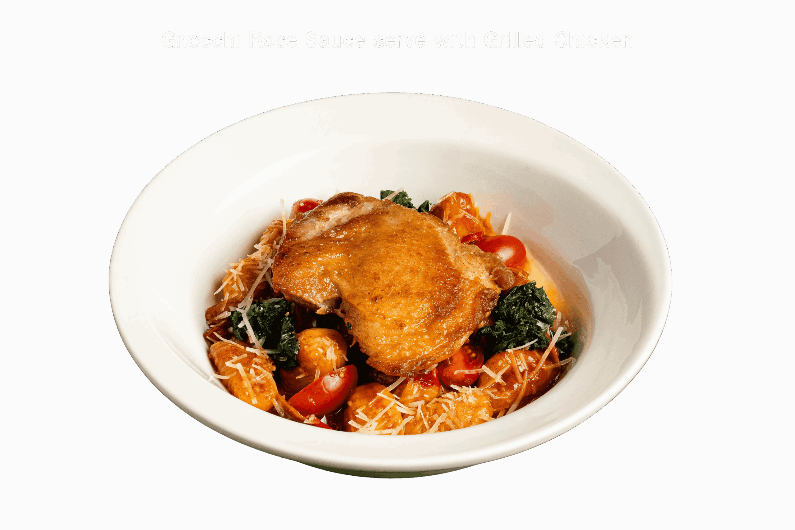 Italian gnocchi in creamy rose tomato sauce topped with grilled chicken breast – Signature pasta dish at Davin Cafe