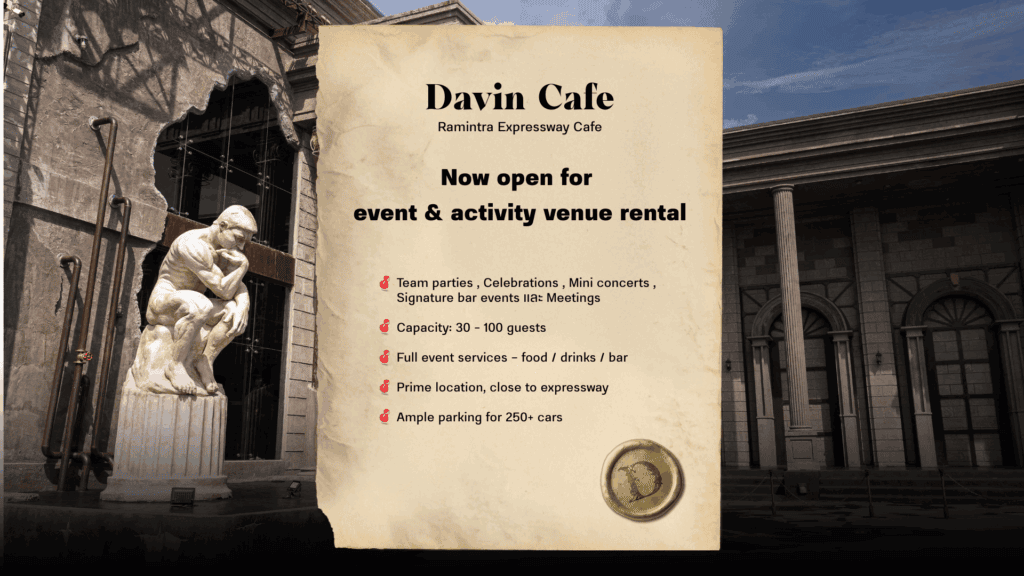 A promotional sign for Davin Cafe advertising event venue rental services, listing party types, capacity, and parking for over 250 cars.