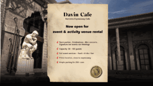 A promotional sign for Davin Cafe advertising event venue rental services, listing party types, capacity, and parking for over 250 cars.