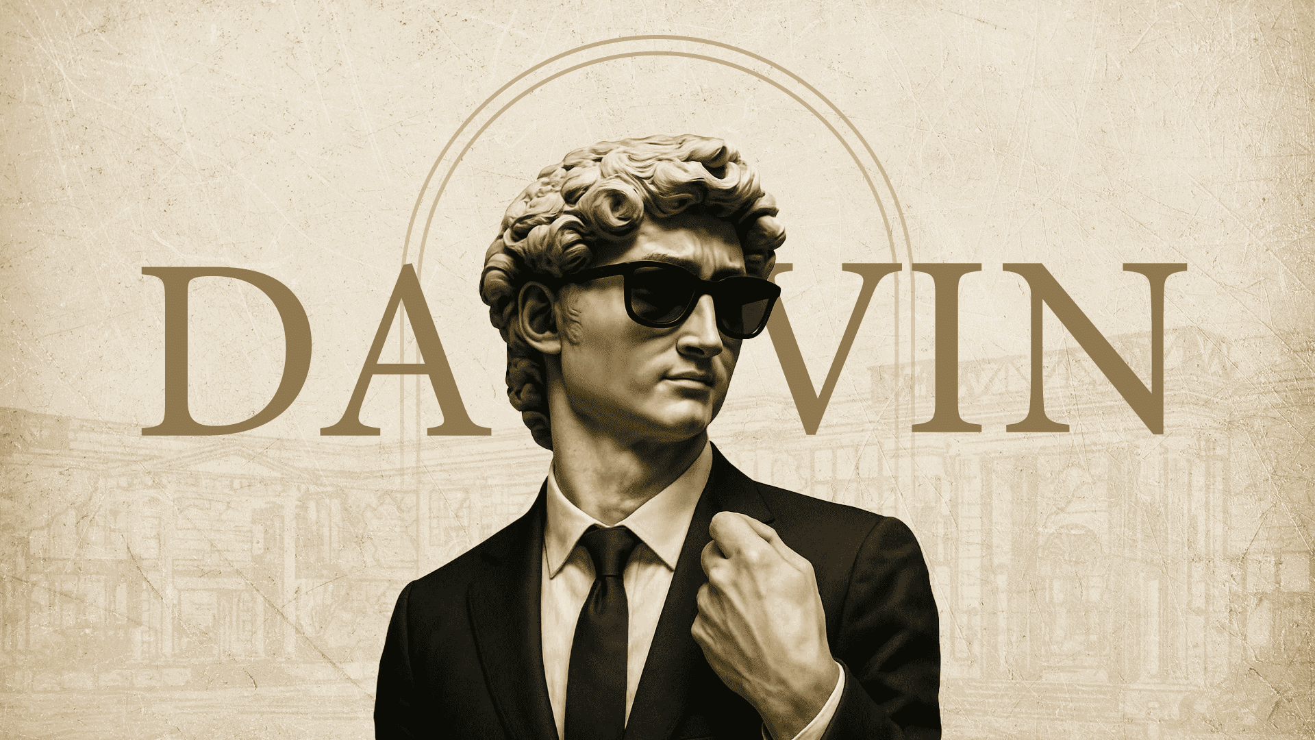 A vintage-style graphic of a classical statue wearing sunglasses and a suit, with the text "DAVIN" on a textured background.