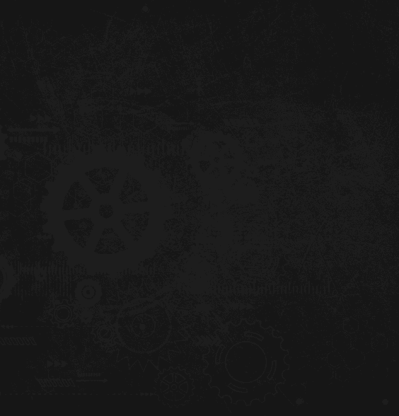 A dark, abstract industrial background with stylized gears and a scratched, grunge texture.