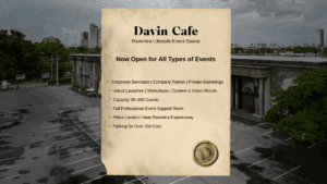 Promotional graphic for Davin Cafe, Ramintra, advertising premium event venue rental services for corporate, private parties, and video shoots, with a capacity of 30-100 guests and parking for over 250 cars.