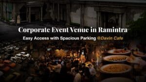 A composite visual showcasing a corporate party venue in the Ramintra area, featuring the building exterior, ample parking space, and an active indoor company event atmosphere, emphasizing accessibility and suitability for business gatherings.