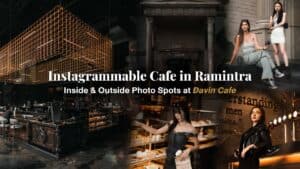 A photogenic cafe in Ram Inthra featuring iconic indoor and outdoor photo spots at Davin Cafe, showcasing industrial-luxury design, dramatic lighting, and Instagram-worthy corners for content creators and cafe hopping lovers