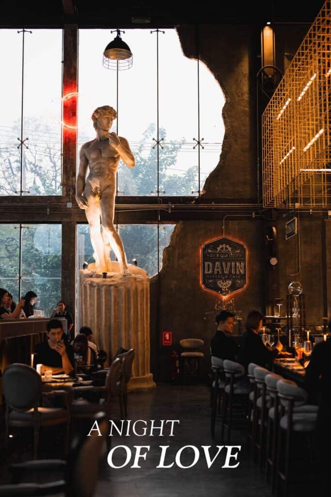 An intimate dinner atmosphere at Davin Cafe, featuring European-inspired interior design, warm lighting, and a refined setting ideal for romantic dinners and meaningful evening gatherings.