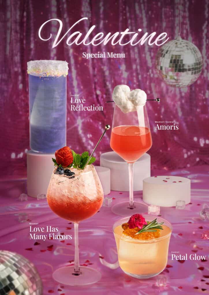 Happy Valentine Day เมนูเครื่องดื่มวาเลนไทน์สุดโรแมนติก ทั้งค็อกเทลและม็อกเทล โทนชมพู เหมาะสำหรับคู่รักที่มองหาประสบการณ์พิเศษในวันแห่งความรัก