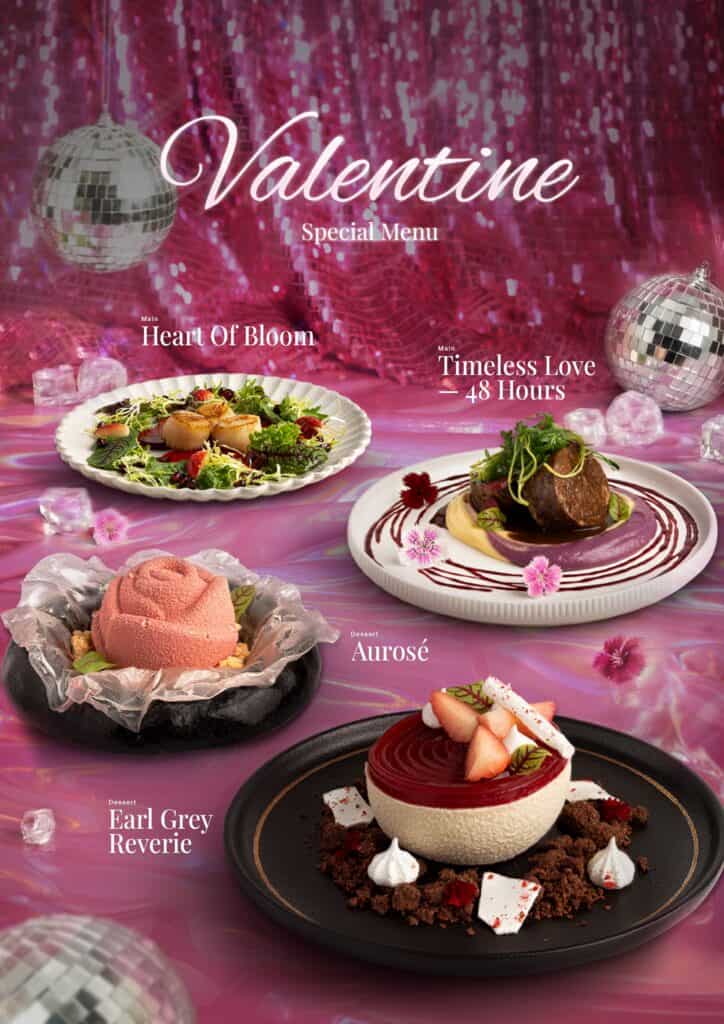 Happy Valentine Day special menu featuring romantic main courses and desserts, designed as a memorable dining experience for couples celebrating love