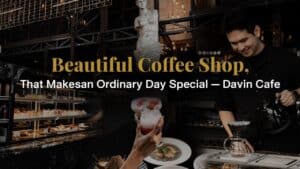 Interior scene of Davin Cafe, a beautiful coffee shop in Bangkok featuring a specialty coffee bar, pastry display, and a barista preparing drip coffee, highlighting the café’s stylish atmosphere and premium coffee experience.