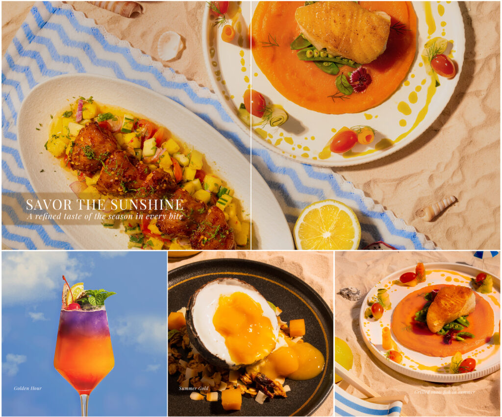 A comprehensive collage of Davin Cafe's summer menu collection, featuring main courses, desserts, and drinks curated for the holiday season.