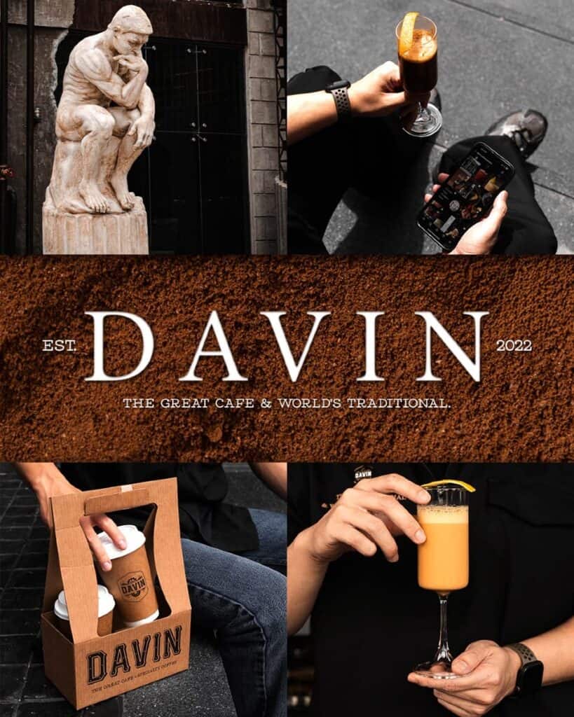 คอลลาจภาพสะท้อนเอกลักษณ์ของร้านกาแฟ Davin Cafe นำเสนอความพิถีพิถันตั้งแต่การคัดสรรเมล็ดกาแฟ เครื่องดื่มซิกเนเจอร์ แพ็กเกจจิ้งที่สวยงาม ไปจนถึงสถาปัตยกรรมที่โดดเด่น