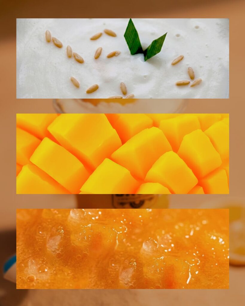 ของหวานเมนูซัมเมอร์สุดพรีเมียม 'Summer Gold' เสิร์ฟในลูกมะพร้าวผ่าซีก จัดวางบนพื้นทรายเคียงคู่เก้าอี้ผ้าใบชายหาดจิ๋ว มอบรสชาติหวานมันสดชื่นและประสบการณ์ฤดูร้อนที่แตกต่างย่านประดิษฐ์มนูธรรม