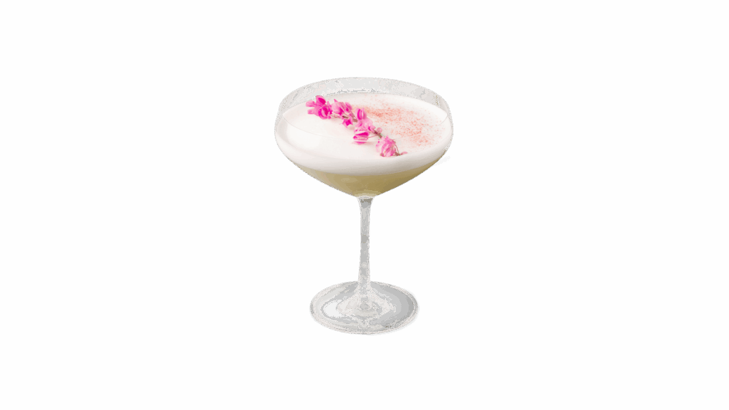 BLOSSOM BLANCHE mocktail at DAVIN CAFE, elegant white floral foam mocktail with delicate pink edible flowers, smooth creamy texture and luxurious presentation, premium cafe mocktail experience