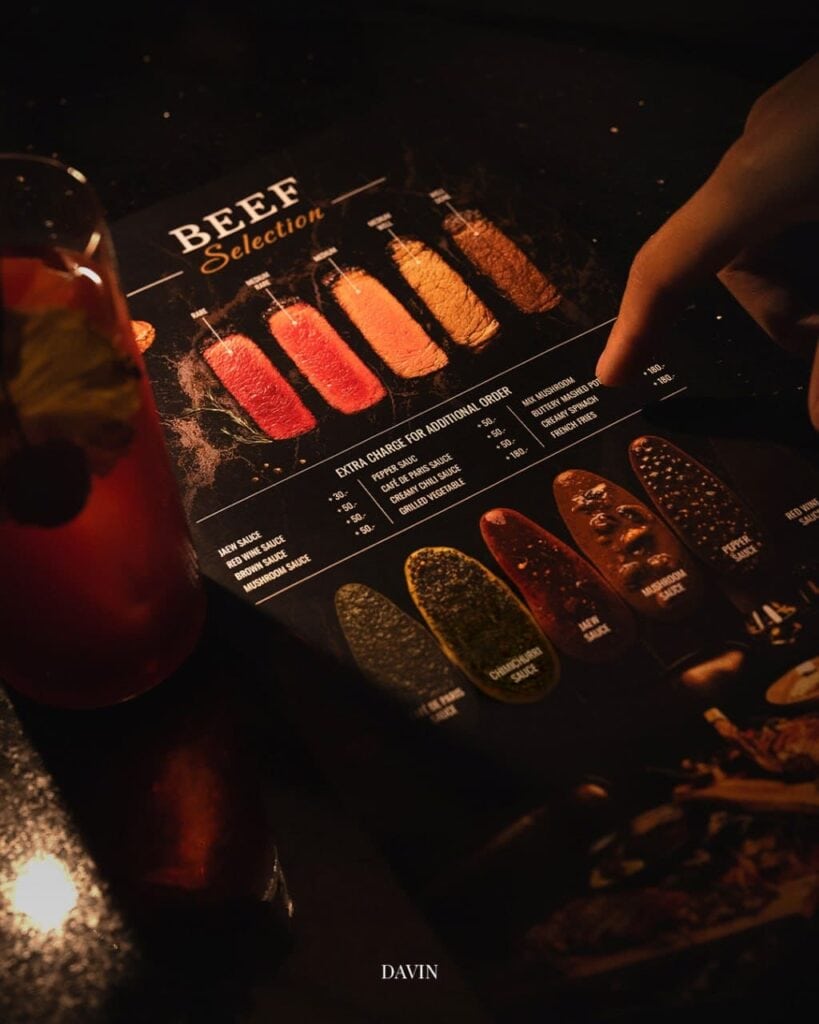 Premium beef selection menu at DAVIN CAFE, a good atmosphere dinner spot featuring steak doneness guide and signature cocktails, perfect for upscale evening dining and steak lovers seeking a refined experience