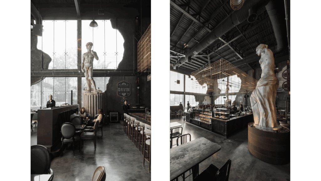 DAVIN CAFE premium cafe studio rental with industrial luxury interior, classical sculptures and high ceiling, perfect photoshoot location for fashion, commercial and creative production
