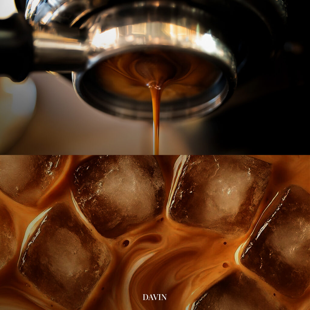 Espresso extraction flowing over ice, capturing the precision brewing process of light roast coffee where timing and pressure control are key to achieving clarity, brightness, and balanced flavor