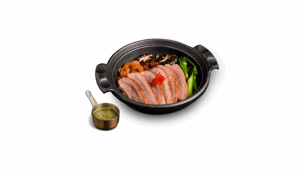 JAPANESE AHIRU BLOW at DAVIN CAFE restaurant Bangkok featuring tender sliced duck over hot rice in a clay pot, served with vegetables and signature sauce, a premium Japanese-inspired dish in Bangkok restaurant scene for food lovers