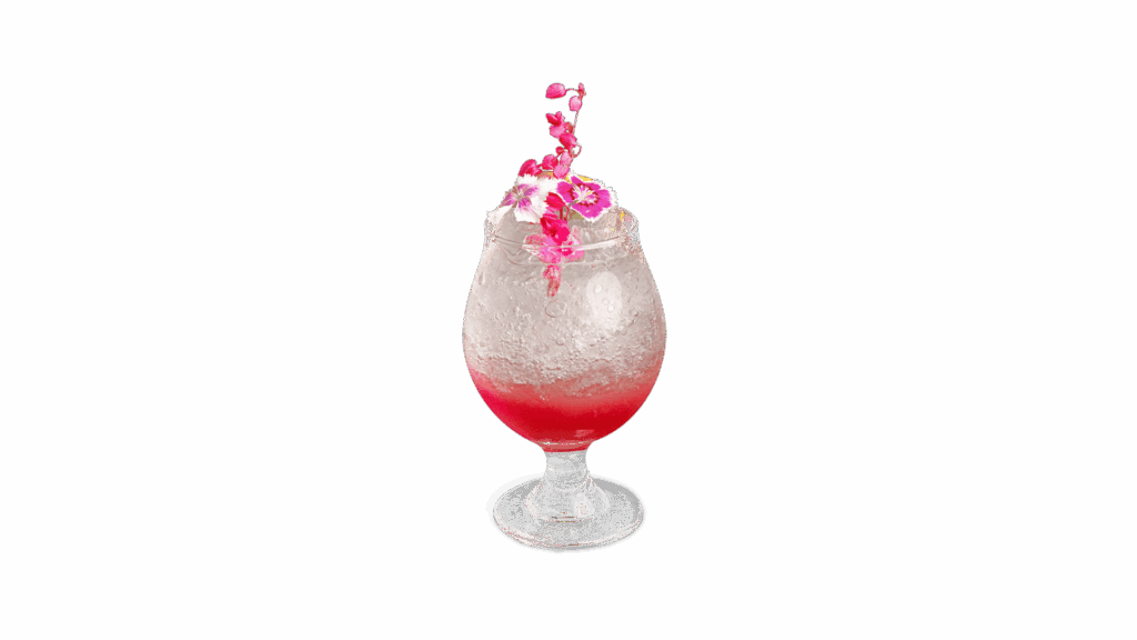 JUMP OF THE KISSES mocktail at DAVIN CAFE, pink gradient sparkling floral mocktail with edible flowers, elegant aesthetic presentation, refreshing premium cafe mocktail drink