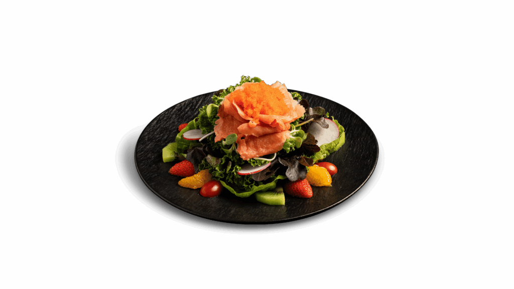 SMOKED SALMON SALAD at DAVIN CAFE restaurant Bangkok featuring premium smoked salmon with fresh greens, fruits and roe, a luxurious healthy salad experience in a top Bangkok restaurant