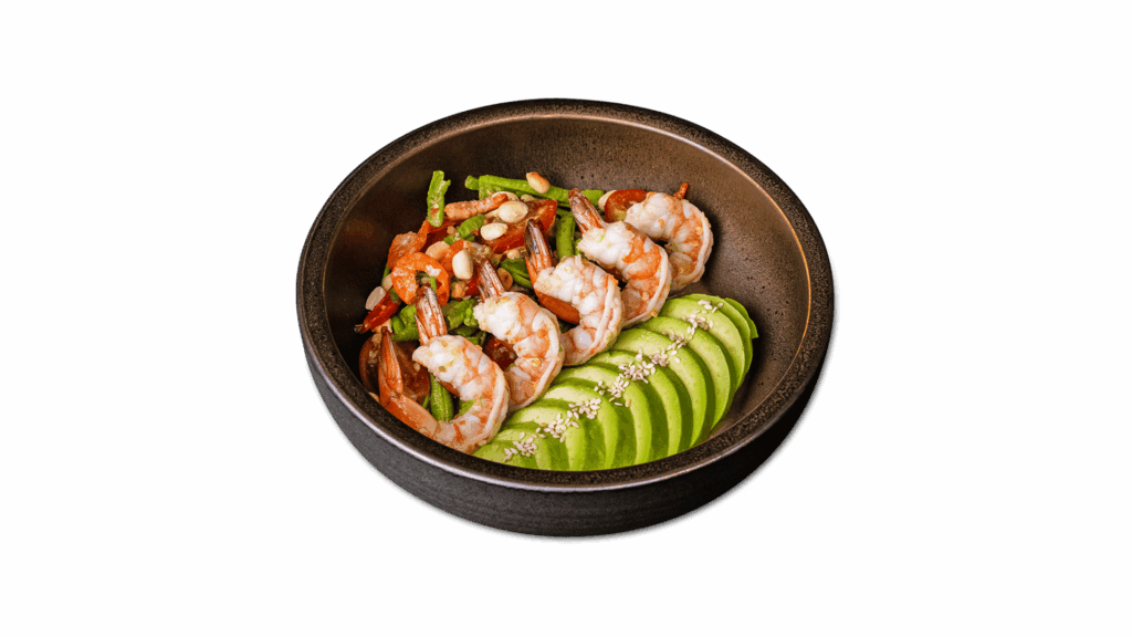 SPICY AVOCADO SALAD at DAVIN CAFE restaurant Bangkok featuring creamy avocado slices with fresh shrimp, crisp vegetables and bold spicy dressing, a premium healthy seafood salad in Bangkok restaurant scene