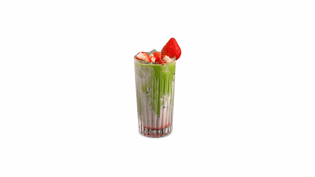 เมนู STRAWBERRY MATCHA จาก DAVIN CAFE มัทฉะผสมสตรอว์เบอร์รี่แบบเลเยอร์ สีเขียวและแดงสดใส พร้อมเนื้อสตรอว์เบอร์รี่แท้ รสเปรี้ยวหวานลงตัว สดชื่น เหมาะสำหรับสายมัทฉะในคาเฟ่พรีเมียม