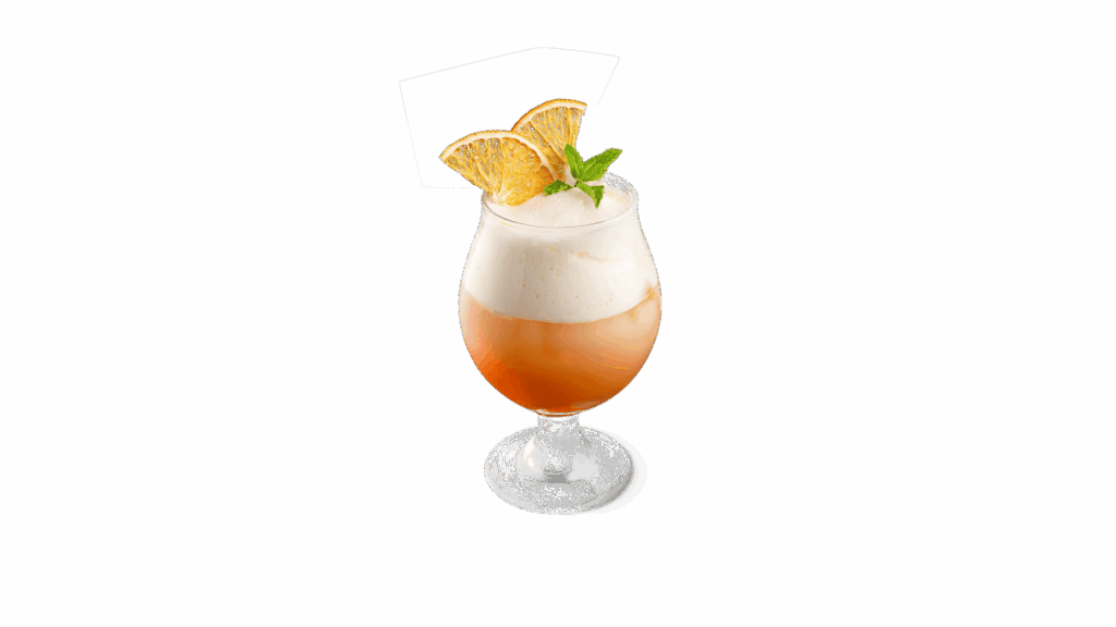 TENDER MIND mocktail at DAVIN CAFE, refreshing orange mocktail with creamy foam topping, fresh orange slices and mint garnish, elegant premium cafe mocktail presentation