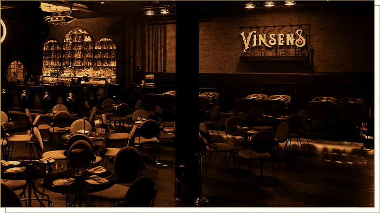 บรรยากาศภายใน Vinsens บาร์ค็อกเทลสไตล์ Steampunk ที่ตกแต่งด้วยโทนสีเข้มดูลึกลับ พร้อมเคาน์เตอร์บาร์หรูหราและพื้นที่นั่งกว้างขวางสำหรับสังสรรค์