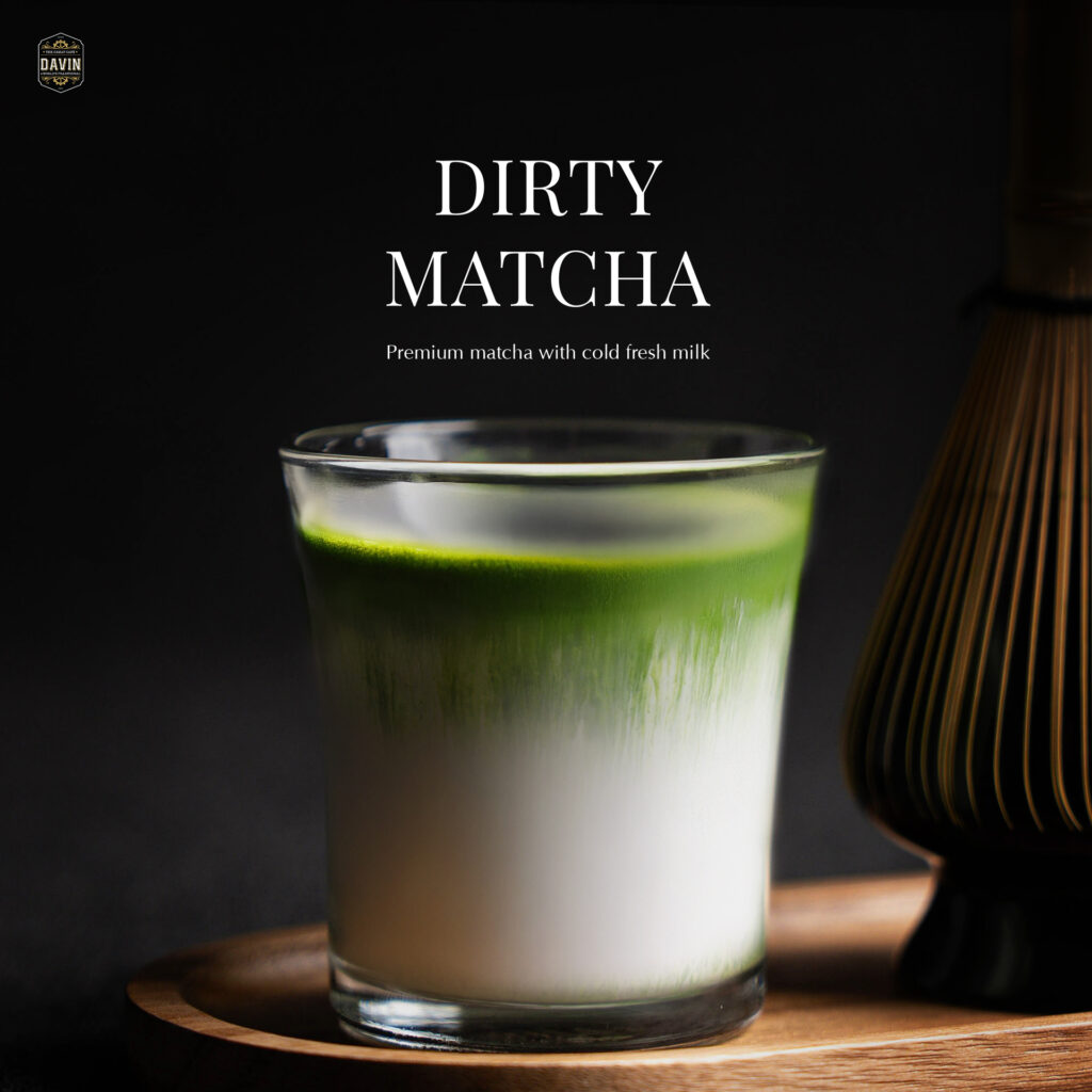 Dirty Matcha with premium matcha and cold fresh milk at Davin Cafe