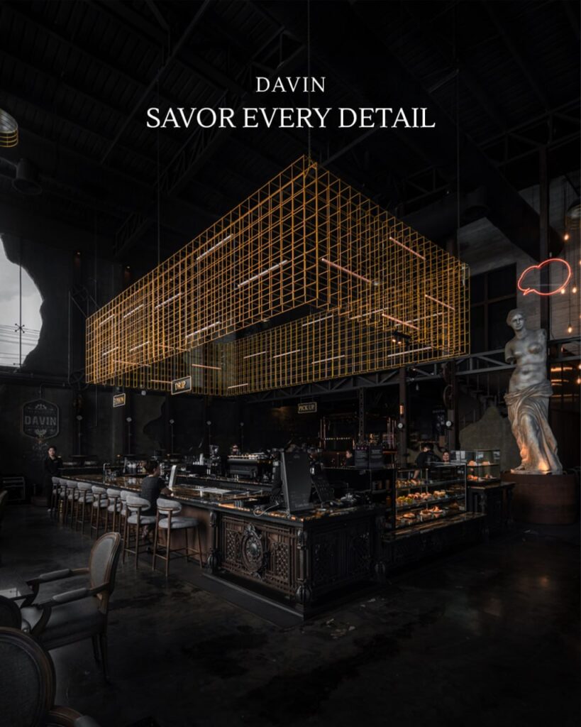 Interior of Davin Cafe in Bangkok featuring a modern luxury European-inspired cafe design and elegant coffee bar atmosphere