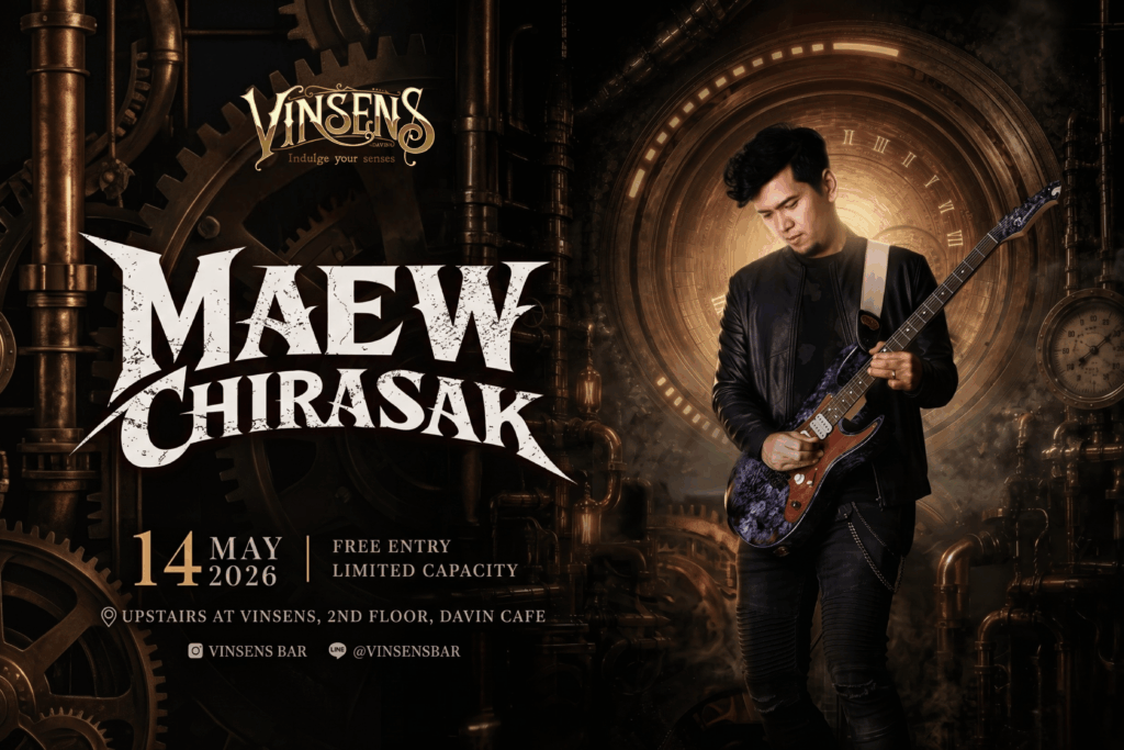 Maew Jirasak live concert poster at Vinsens Bar by Davin Cafe featuring a dramatic steampunk-inspired rock performance atmosphere
