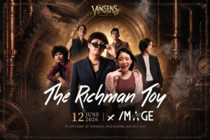 โปสเตอร์โปรโมตคอนเสิร์ตวง The Richman Toy ร่วมกับวง IMAGE สุธิตา จัดขึ้นวันที่ 12 มิถุนายน 2026 ที่ร้าน Vinsens ชั้น 2 ของ Davin Cafe มอบความบันเทิงด้วยดนตรีสดสุดมันส์ในธีมร้านสไตล์อินดัสเทรียล