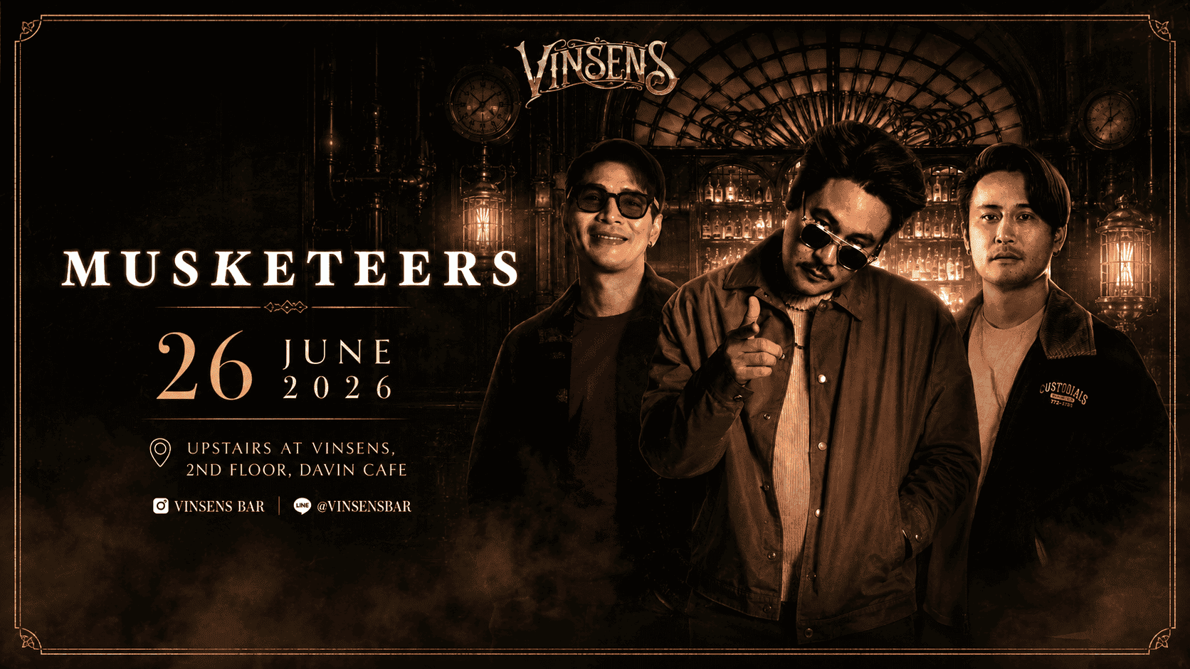 คอนเสิร์ต Musketeers ที่ VINSENS สถานที่แฮงเอาต์และไลฟ์มิวสิกบรรยากาศพรีเมียมในกรุงเทพ สำหรับแฟนเพลงที่ชื่นชอบการแสดงสดและไนท์ไลฟ์คุณภาพ