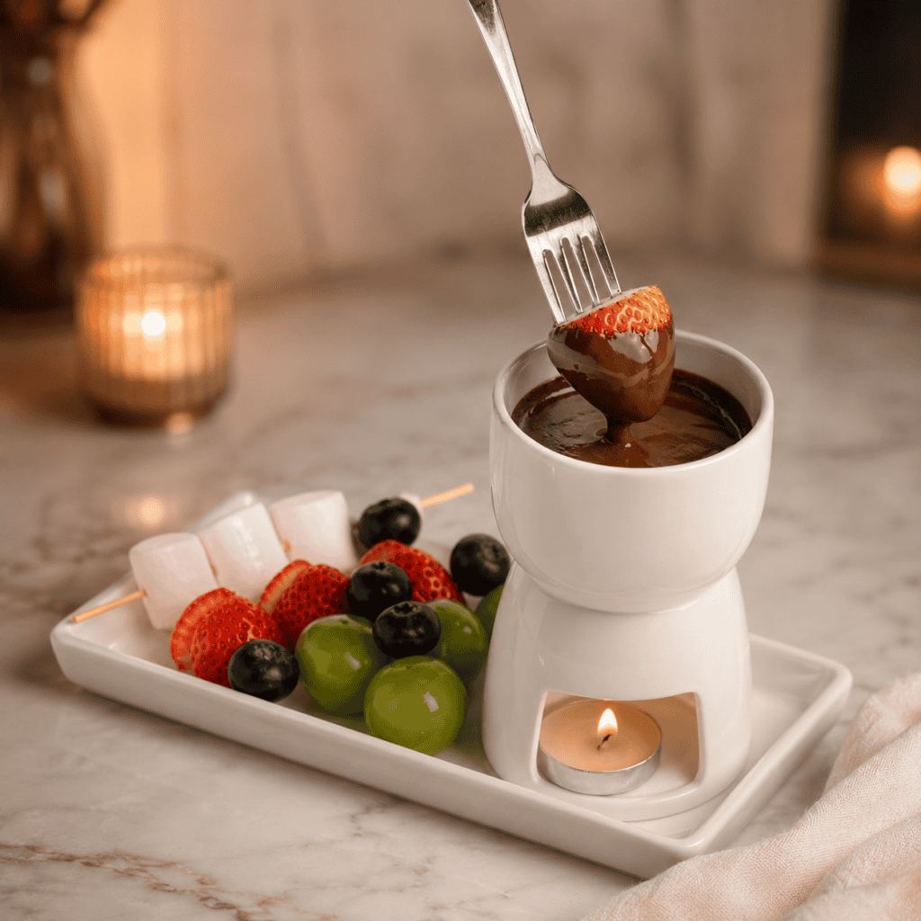 ช็อกโกแลตฟองดูว์ของ Davin Cafe เสิร์ฟพร้อมสตรอว์เบอร์รี องุ่น บลูเบอร์รี และมาร์ชเมลโลว์ในบรรยากาศอบอุ่น เหมาะสำหรับบทความร้านเค้ก เลียบด่วนที่ต้องการสื่อถึงคาเฟ่ของหวานน่านั่งสำหรับคนรักช็อกโกแลต ผลไม้สด และเมนูแชร์ระหว่างเพื่อน