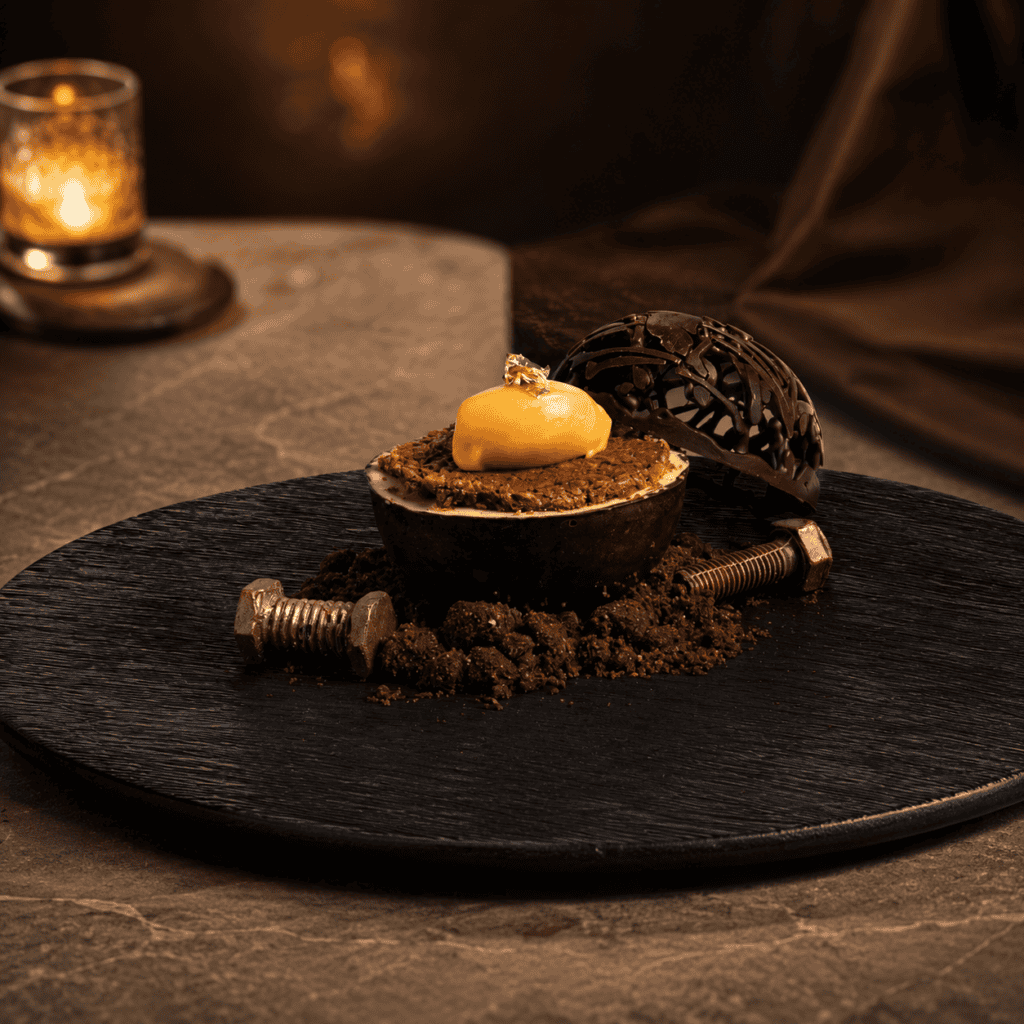 มูสช็อกโกแลตพรีเมียมของ Davin Cafe จัดเสิร์ฟบนจานสีดำพร้อมครัมเบิลช็อกโกแลต เปลือกช็อกโกแลตตกแต่ง และครีมสีทองด้านบน เหมาะสำหรับบทความร้านเค้ก เลียบด่วนที่ต้องการสื่อถึงคาเฟ่ของหวานบรรยากาศหรู สำหรับคนรักเค้ก ช็อกโกแลต และเมนูขนมที่พิถีพิถัน
