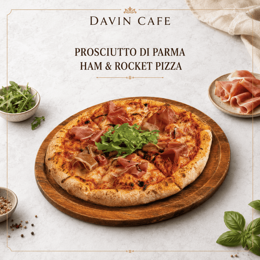Parma ham and rocket pizza at Davin Cafe, served on a wooden board with a crisp crust, melted cheese, prosciutto, and fresh rocket for a shareable lunch dish in a relaxed cafe dining setting.