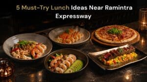 Hero image for Davin Cafe’s lunch guide in Ramintra, featuring five recommended midday dishes including seafood pasta, A.O.P shrimp, Parma ham pizza, shrimp avocado salad, and tuna avocado in a refined cafe dining atmosphere.