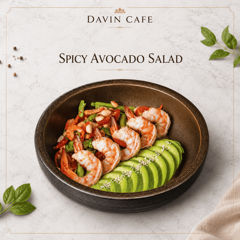 Spicy avocado shrimp salad at Davin Cafe, served with plump shrimp, sliced avocado, fresh vegetables, tomatoes, and nuts for a refreshing lunch option with balanced flavors and premium cafe-style ingredients.
