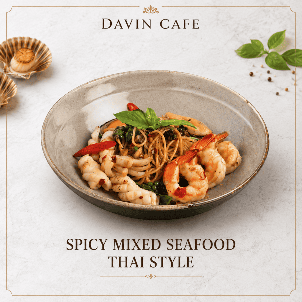 Spicy mixed seafood Thai-style pasta at Davin Cafe, served with shrimp, squid, fresh chili, and basil for a flavorful lunch dish that combines local Thai spice with a refined cafe dining experience.
