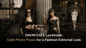 Cafe photo poses fashion lookbook at DAVIN CAFE featuring Roman columns, coffee bar settings and stylish rainy-day umbrella poses