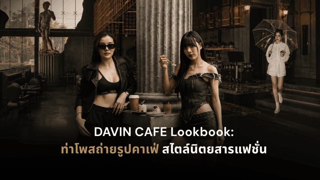 ท่าโพสถ่ายรูปคาเฟ่สไตล์แฟชั่นที่ DAVIN CAFE กับมุมเสาโรมัน บาร์กาแฟ และลุคถือร่มสำหรับสร้างคอนเทนต์แนวนิตยสาร