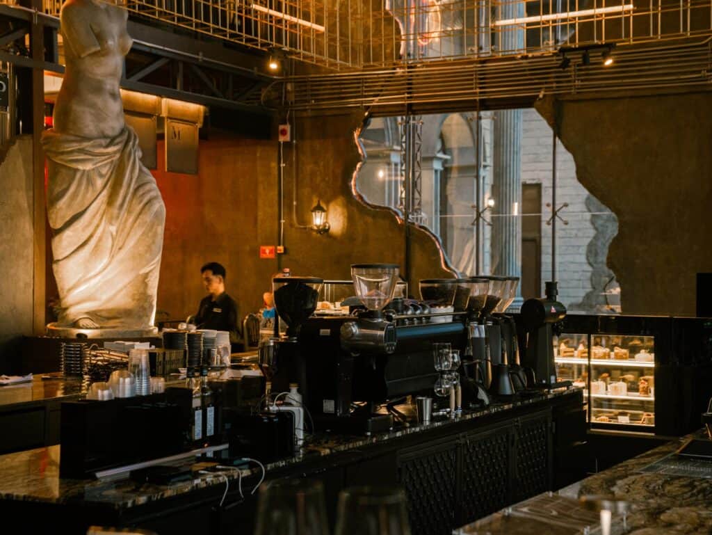 European style cafe Bangkok at DAVIN CAFE featuring an espresso coffee bar with European and industrial loft interior details
