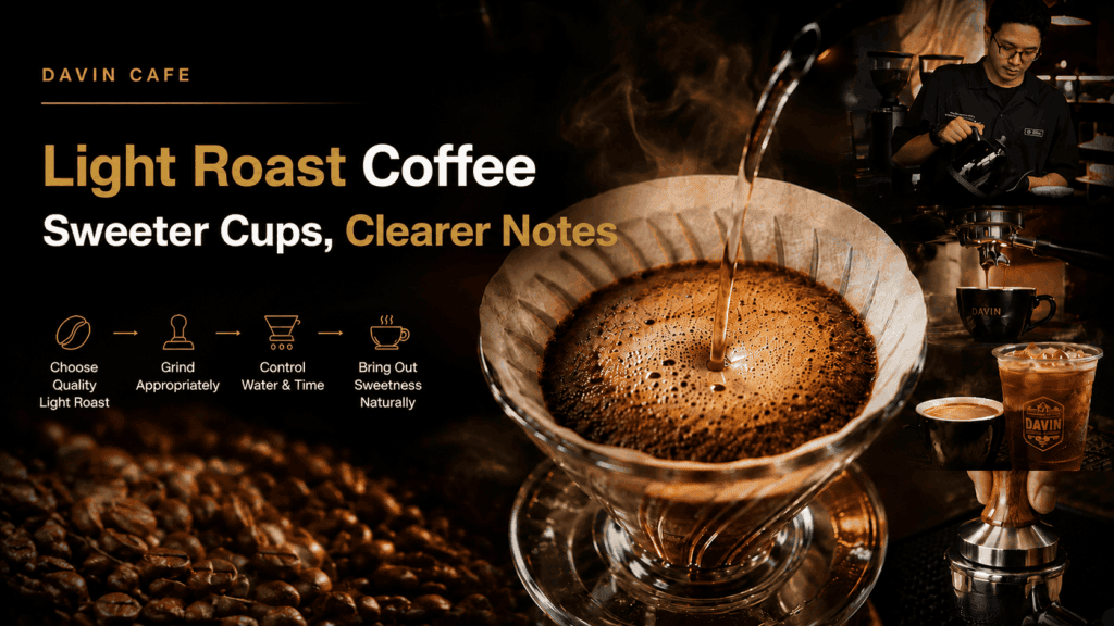 Educational infographic by Davin Cafe illustrating the best methods for brewing light roast coffee, featuring a V60 pour-over technique designed to enhance natural sweetness and highlight distinct tasting notes.