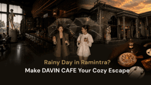 Rainy day cafe in Ramintra at DAVIN CAFE featuring European-style interiors, guests with umbrellas, and food for a relaxing rainy-day visit