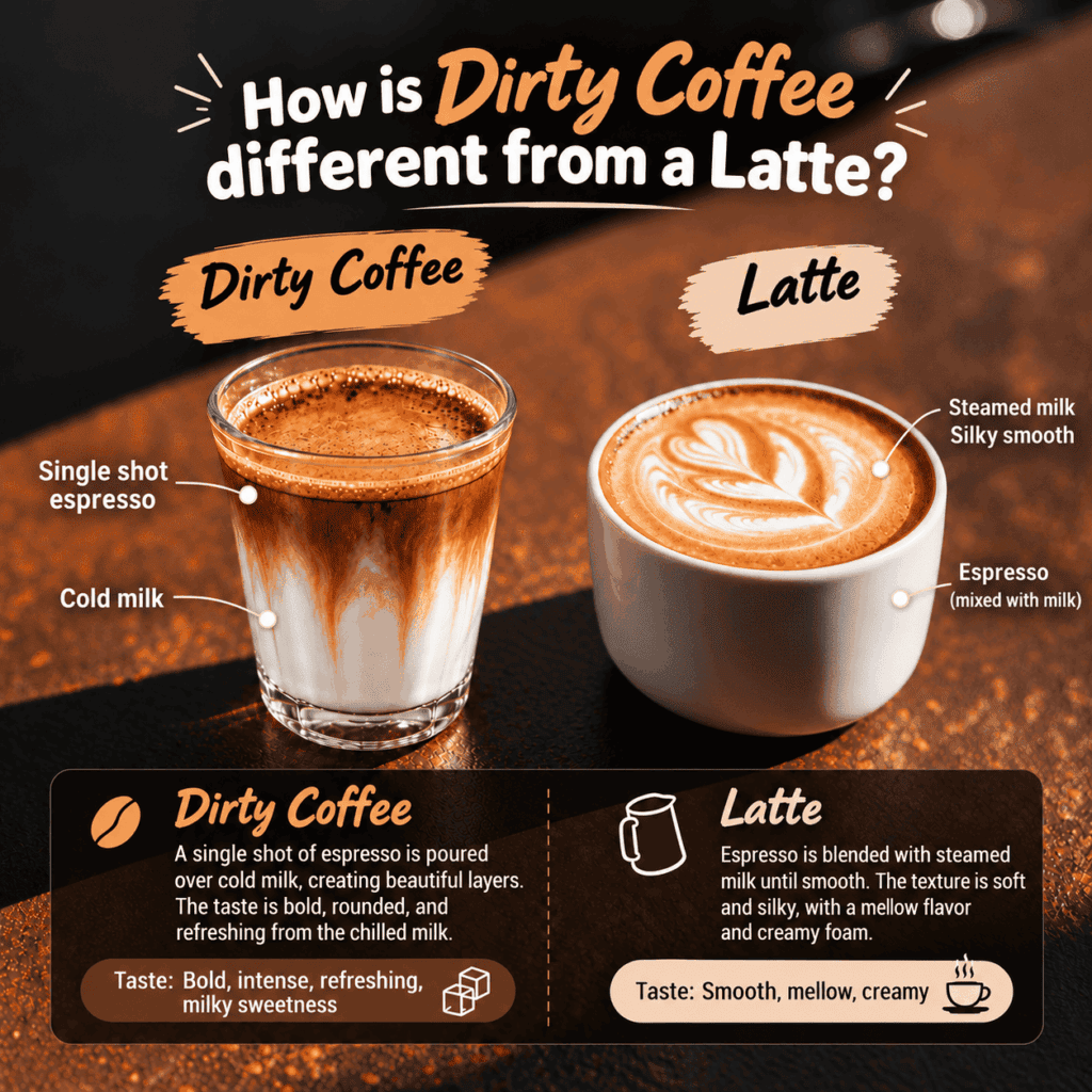 Dirty Coffee vs Latte comparison showing differences in coffee, milk, temperature, and taste at DAVIN CAFE