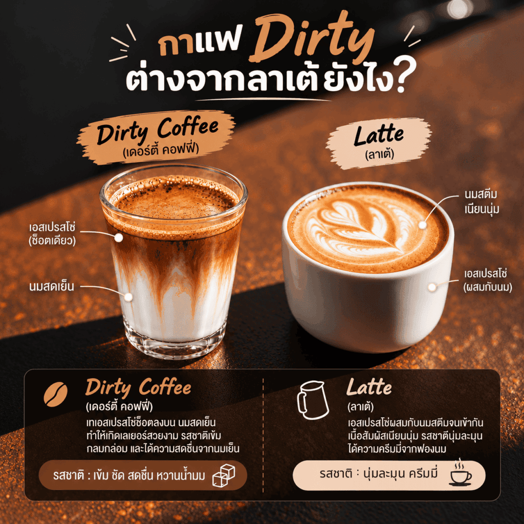 เปรียบเทียบกาแฟ Dirty กับลาเต้ ความแตกต่างของกาแฟ นม อุณหภูมิ และรสชาติที่ DAVIN CAFE