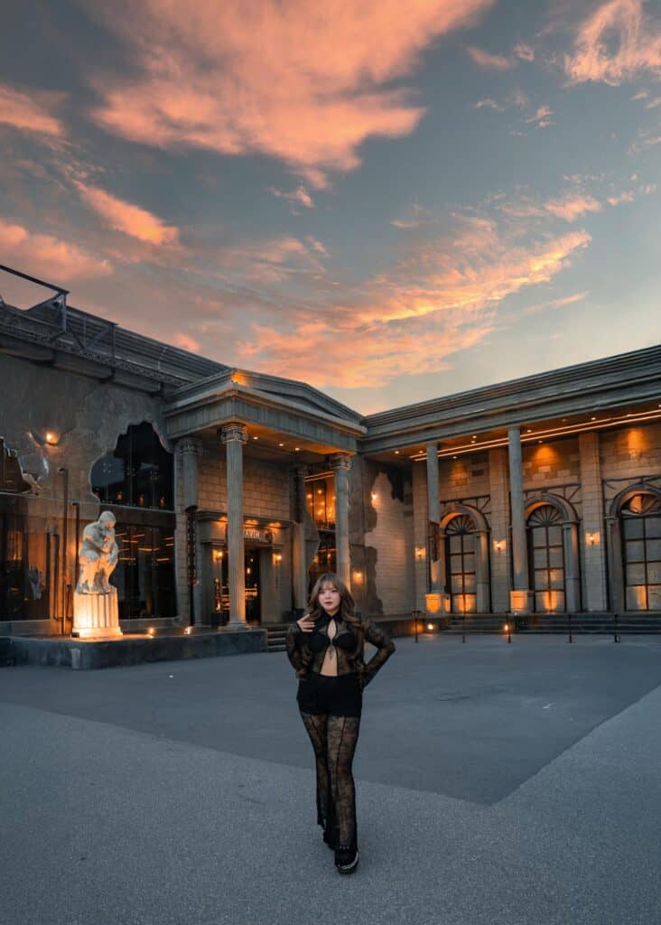 Golden Hour photo spot at DAVIN CAFE, a Golden Hour Cafe in Ramintra, surrounded by European-style architecture and a warm evening sky