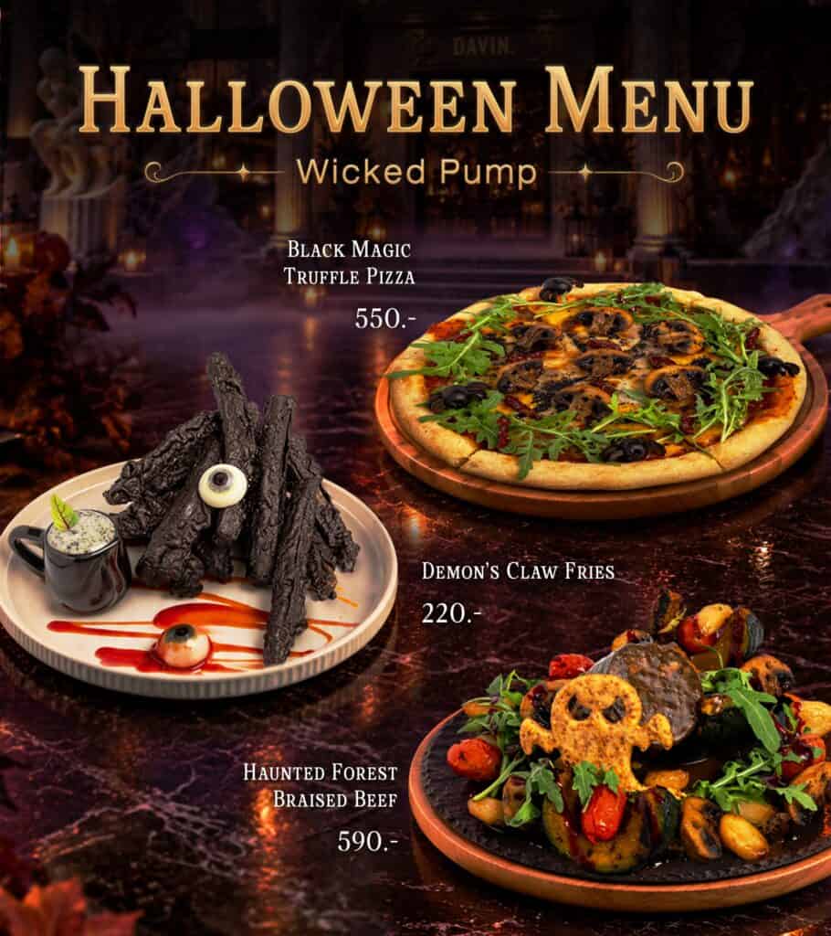 Halloween Menu 2026 Wicked Pump truffle pizza, fries and braised beef at DAVIN CAFE