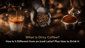What Is Dirty Coffee? Dirty Coffee with espresso extraction and coffee beans at DAVIN CAFE